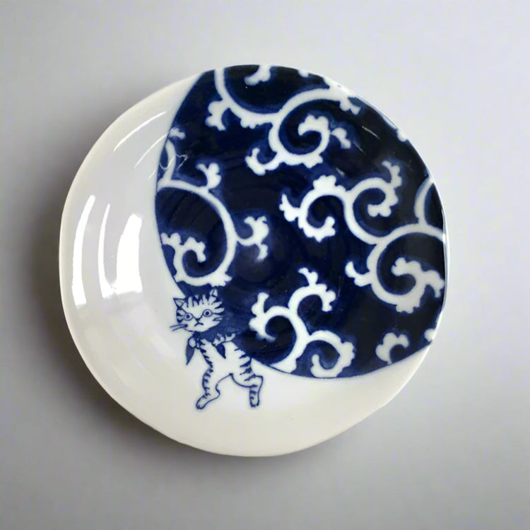 Mino Ware Small Cat Plate | Blue Sea Wave 135mm