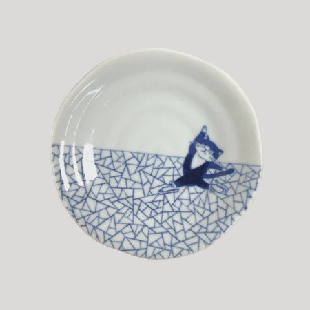 Mino ware | Ice Skating Cat Bowl | Blue/White